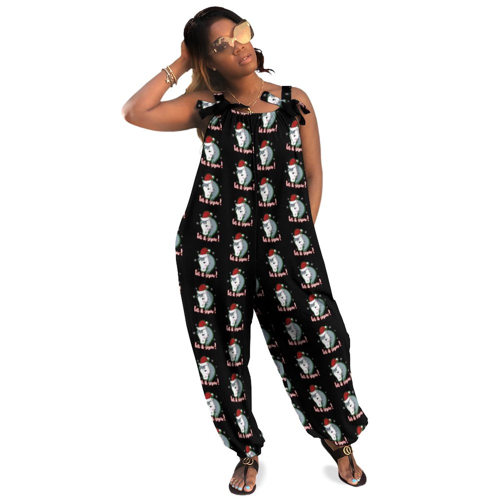 Let It Snow Horse Santa Hat Christmas Equestrian Plus Size Women Rompers Summer Casual Loose Junior Plus Jumpsuits Romper Boho Pockets Polyester Spandex