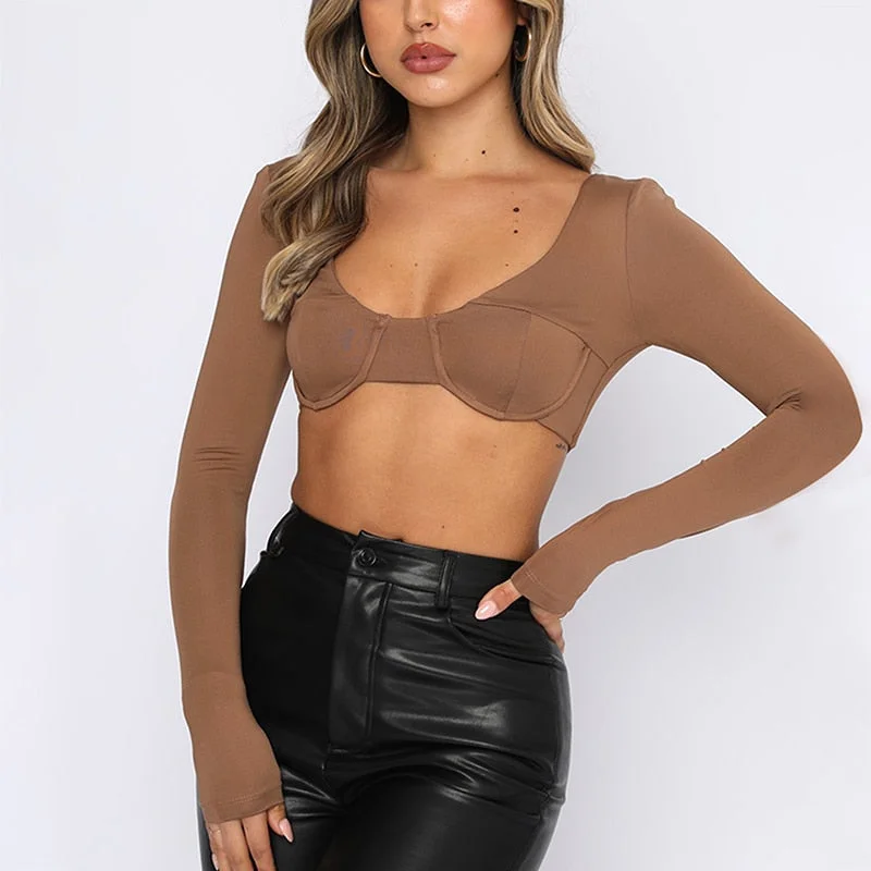 wsevypo Women Sexy Crop Tops Solid Color Low Cut Long Sleeve T-shirt Fashion Backless Slim Fit Pullover Tops Club Streetwear