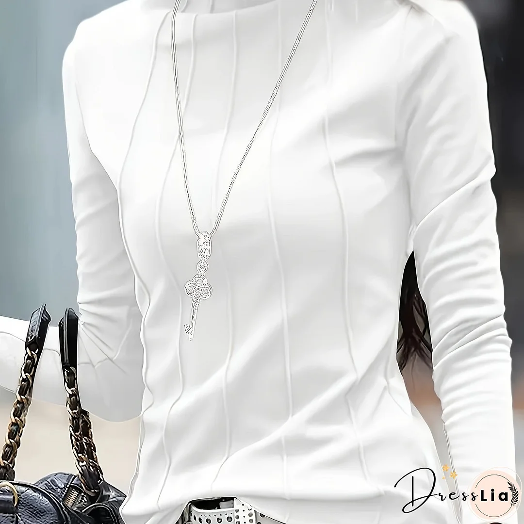 Plus Size Solid Turtleneck Slim T-Shirt, Versatile Long Sleeve T-Shirt For Spring & Fall, Women's Plus Size Clothing