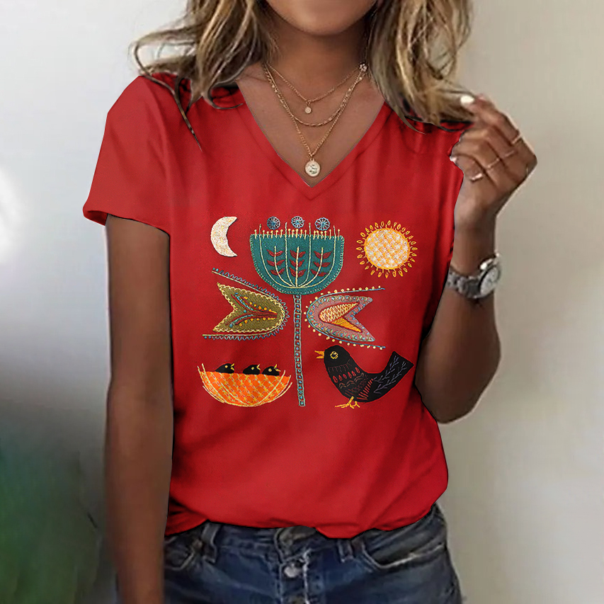 Comstylish Women's Vintage Floral Bird Art Embroidery V-neck T-shirt