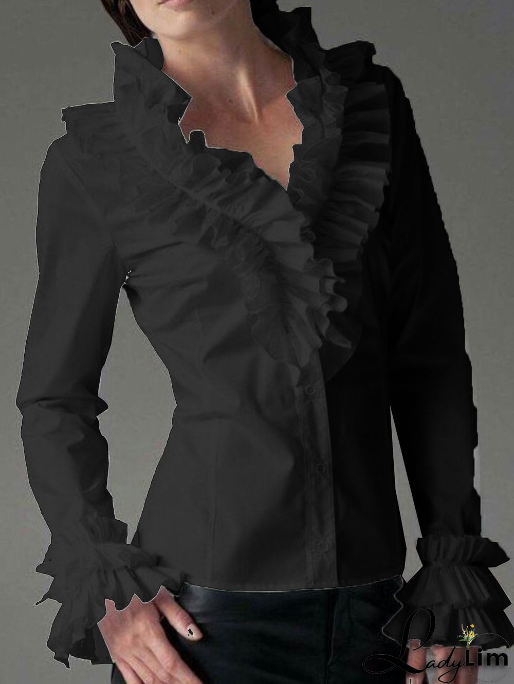 Casual Ruffle Trim Stand Collar Flare Sleeve Blouse