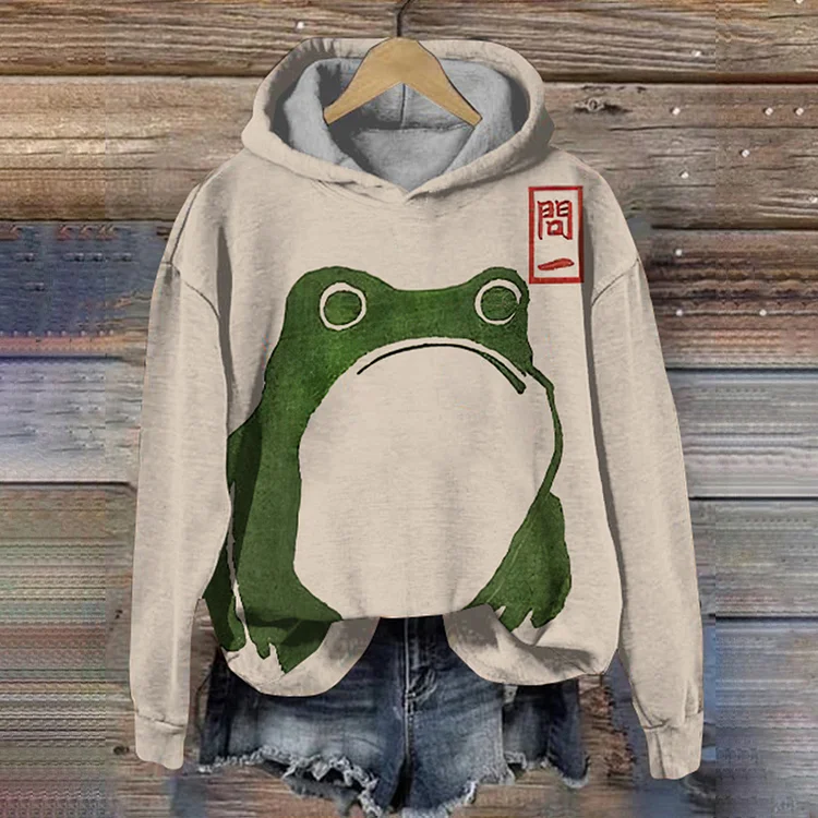 Comstylish Women's Cute Frog Japanese Lino Art Painting Printed Hoodie