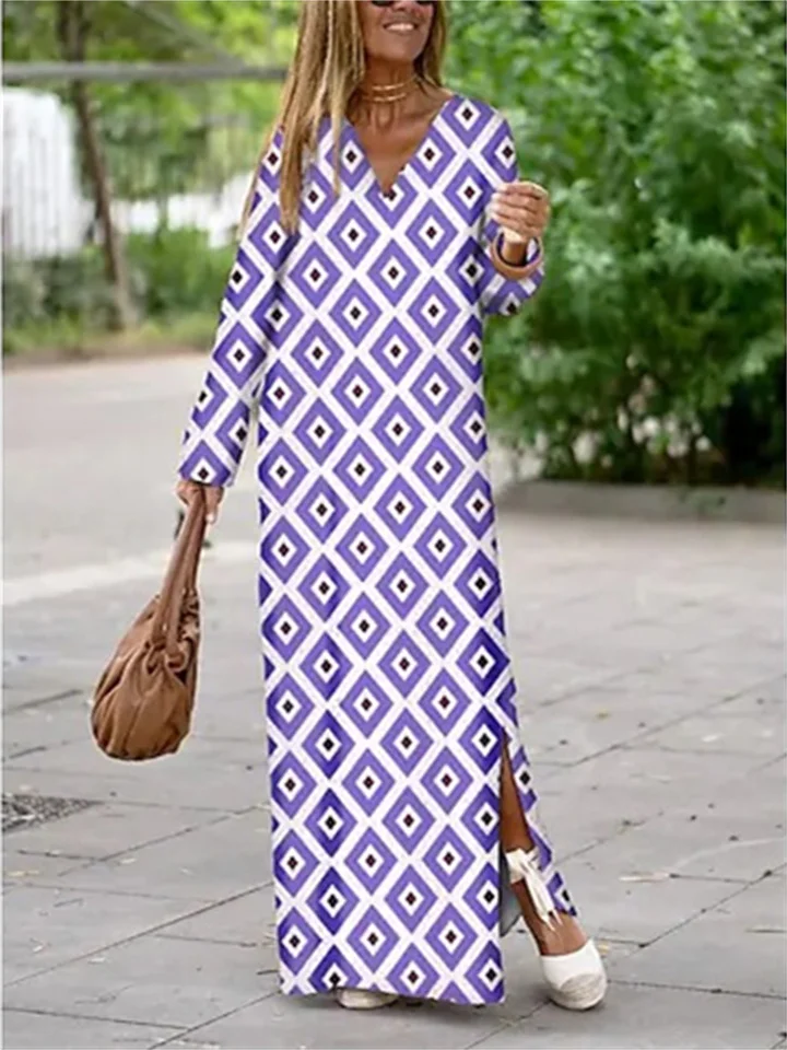 Women's Long Dress Maxi Dress Casual Dress Satin Dress Print Dress Geometric Streetwear Modern Outdoor Daily Holiday Split Print Long Sleeve V Neck Dress Regular Fit Yellow Wine Red Summer Spring S M-JRSEE