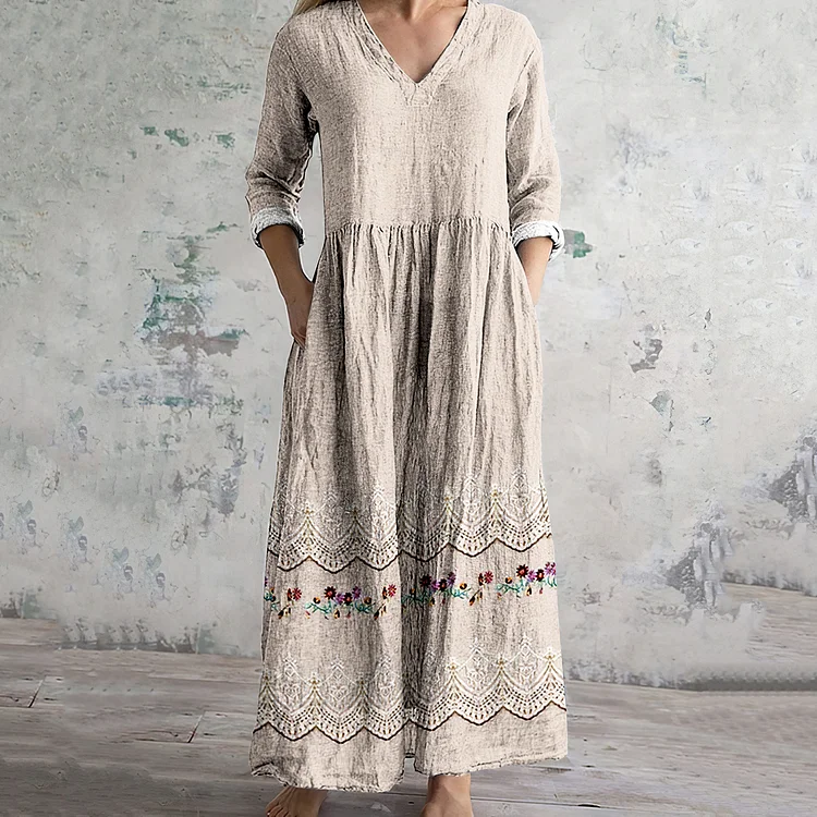 Women's Vintage Floral Embroidered Lace Art Linen Dress