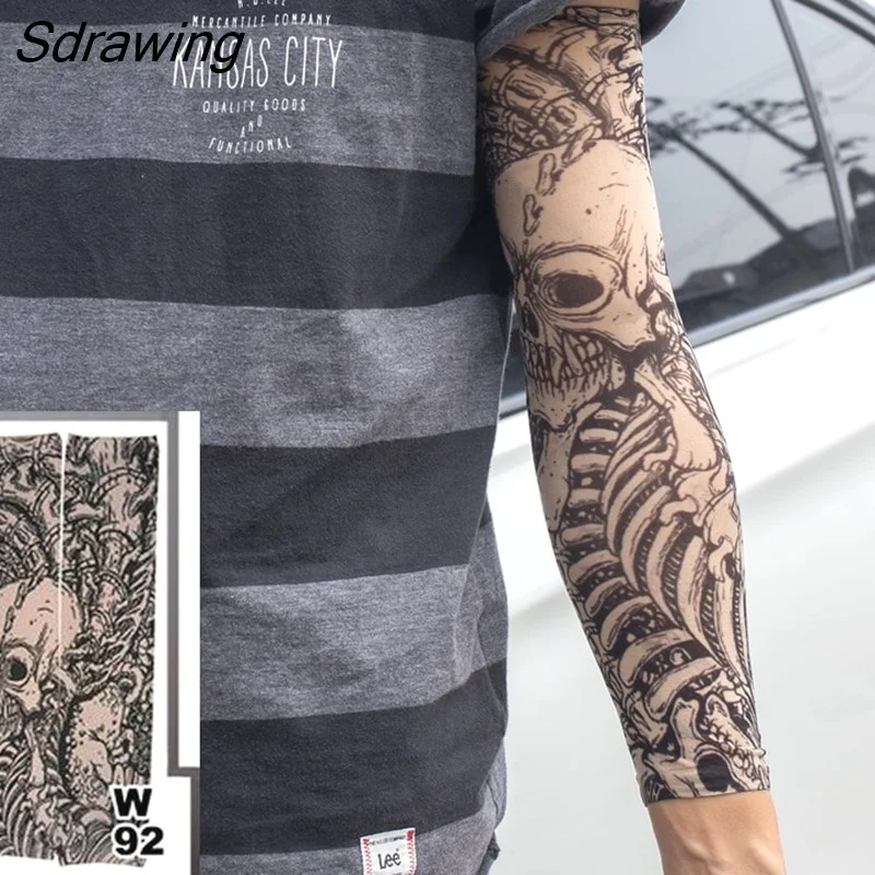 Sdrawing Temporary Tattoo Sleeve Tattoos Full Long Arm Tattoo Sleeve Men Elastic Nylon Tattoos skull dragon snake tiger tatoo sleeve