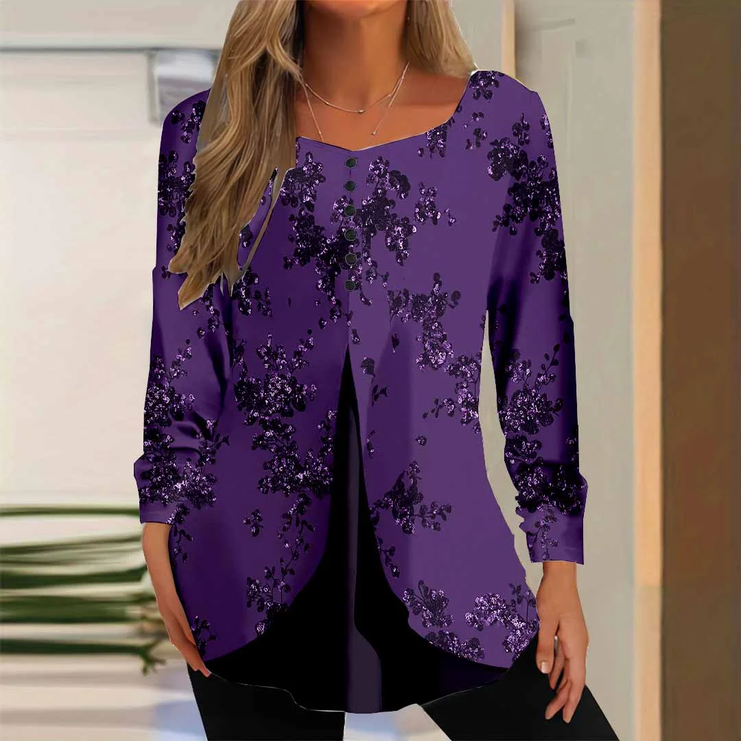 Women Graphic,Purple DZGG8256 Long Sleeve Scoop Neck Printed Graphic Button Fake 2in1 Tops
