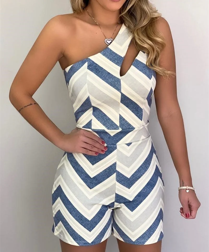 Ueong New Spring / Summer 2023 Wish Wave Printing One-Shoulder Striped Jumpsuit Is Available For Women.