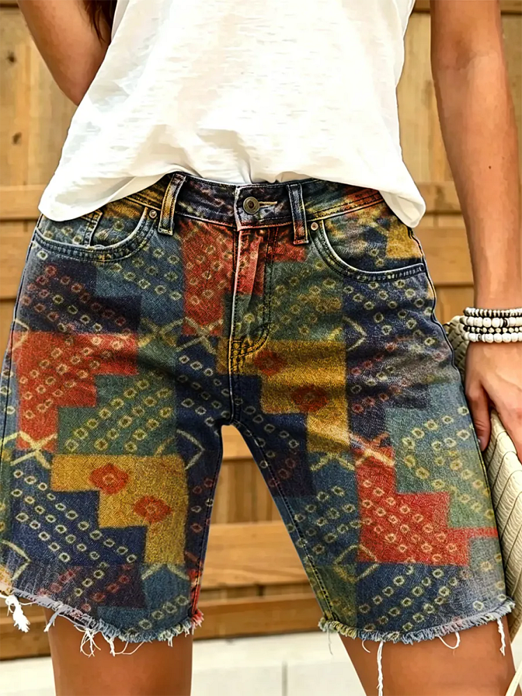 Women's Colorful Geometric Patchwork Art Print Denim Shorts