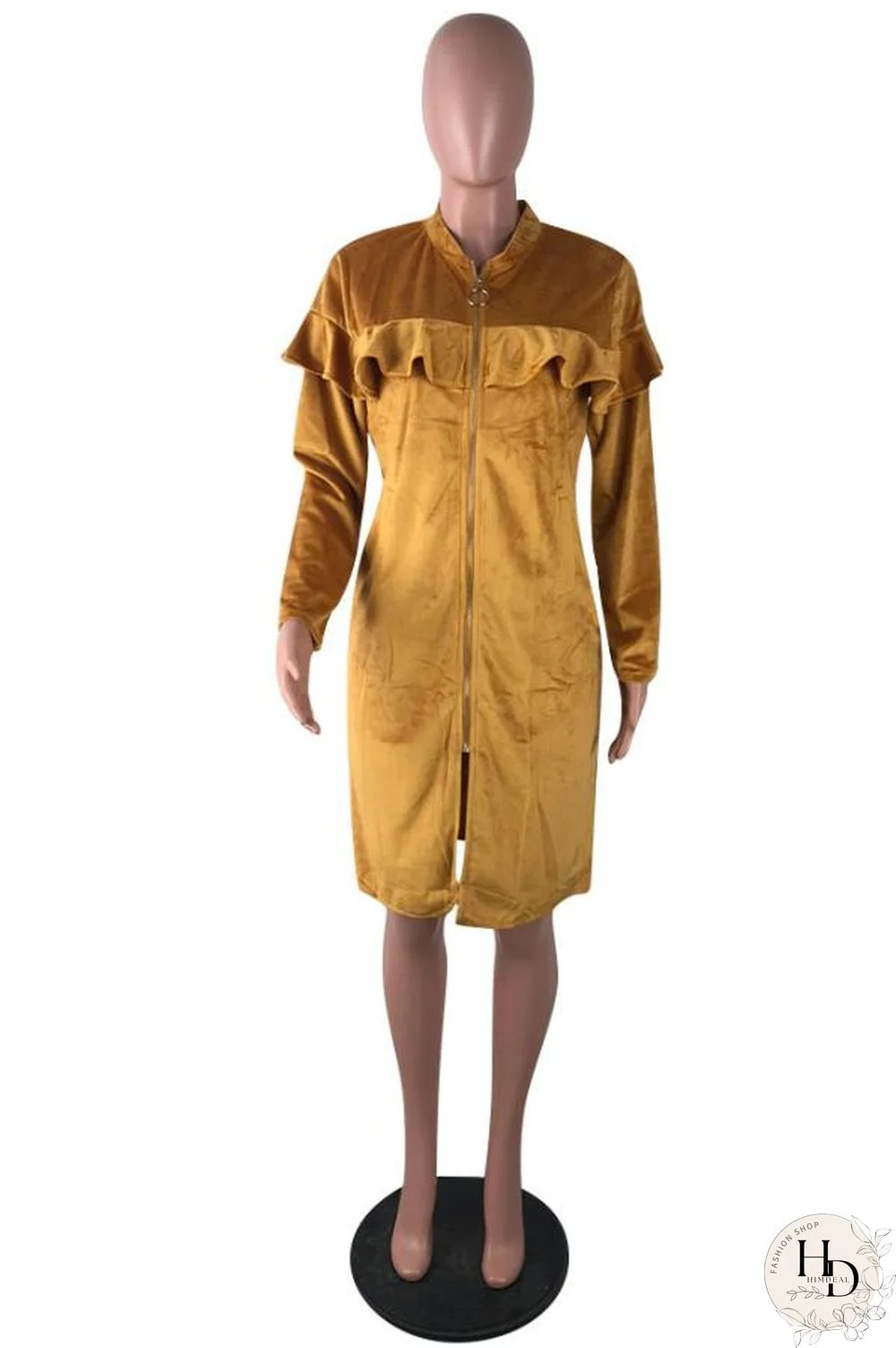 Yellow O Neck Zippered Patchwork Stringy selvedge Solid Pure Long Sleeve Coats & Cardigan