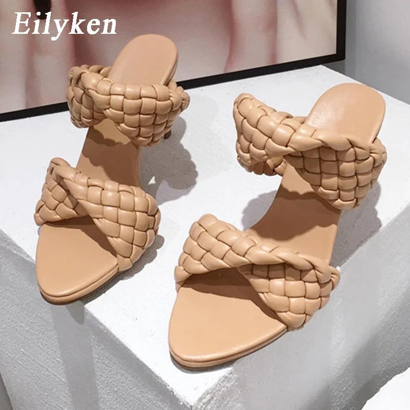 Eilyken Fashion Woman Handmade Weave Knitted Slippers Lady Crossover Open Toe Thin Heels Party Sandals White Black Blue size 42