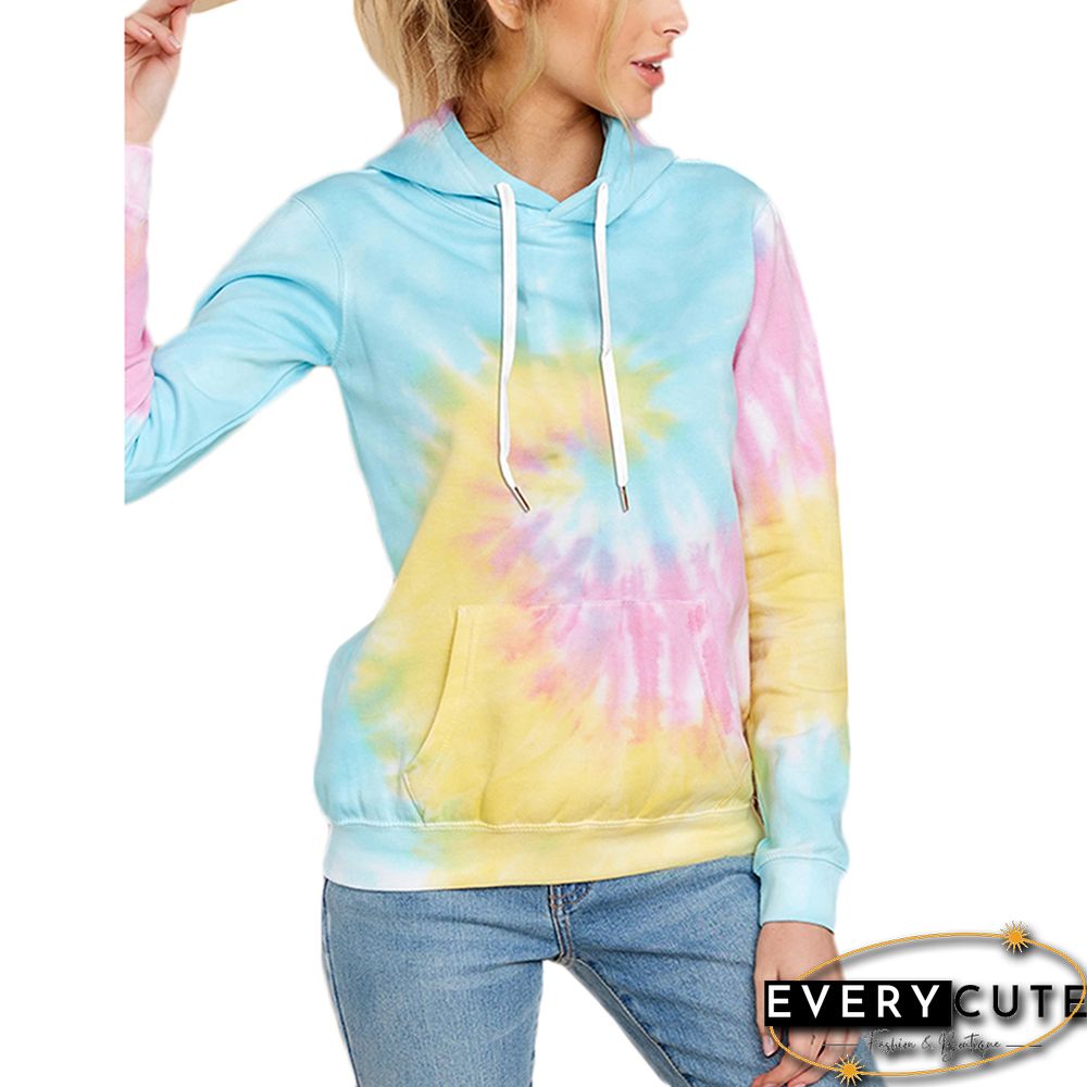 Light Blue Tie Dye Print Drawstring Hoodie