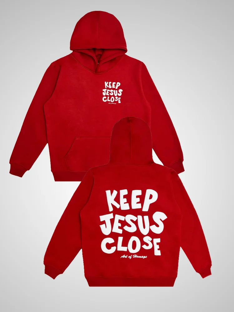Keep Jesus Close Puff Print Hoodie-red