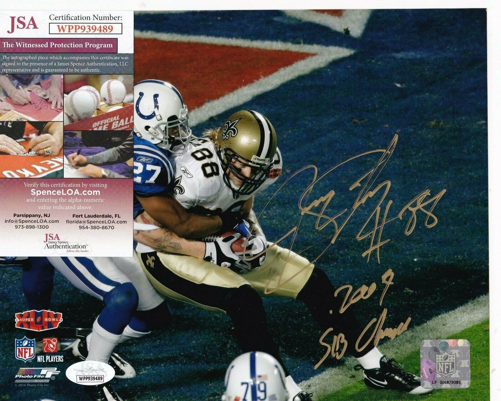 JEREMY SHOCKEY NEW ORLEANS SAINTS 2009 SB CHAMPS JSA AUTHENTICATED SIGNED 8X10