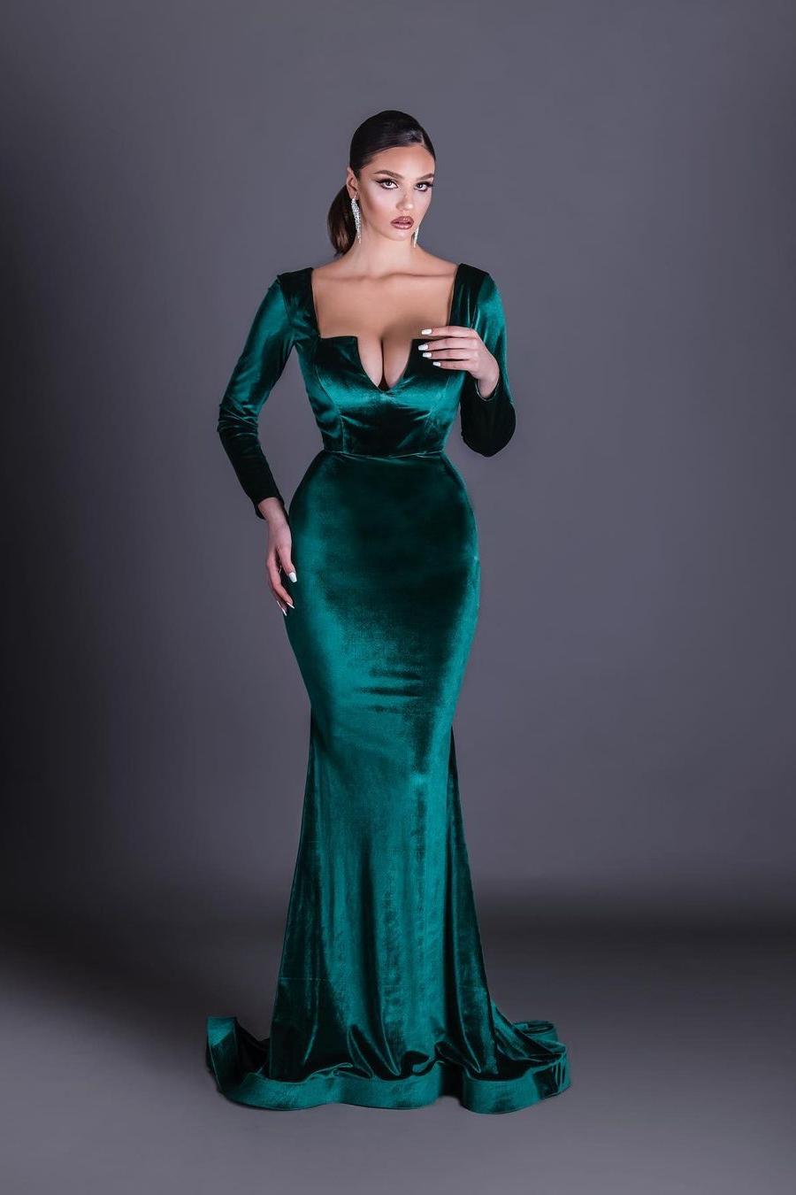Lvs&Broner Chic Square Neck Long Sleeves Mermaid Long Prom Dress With Ruffles