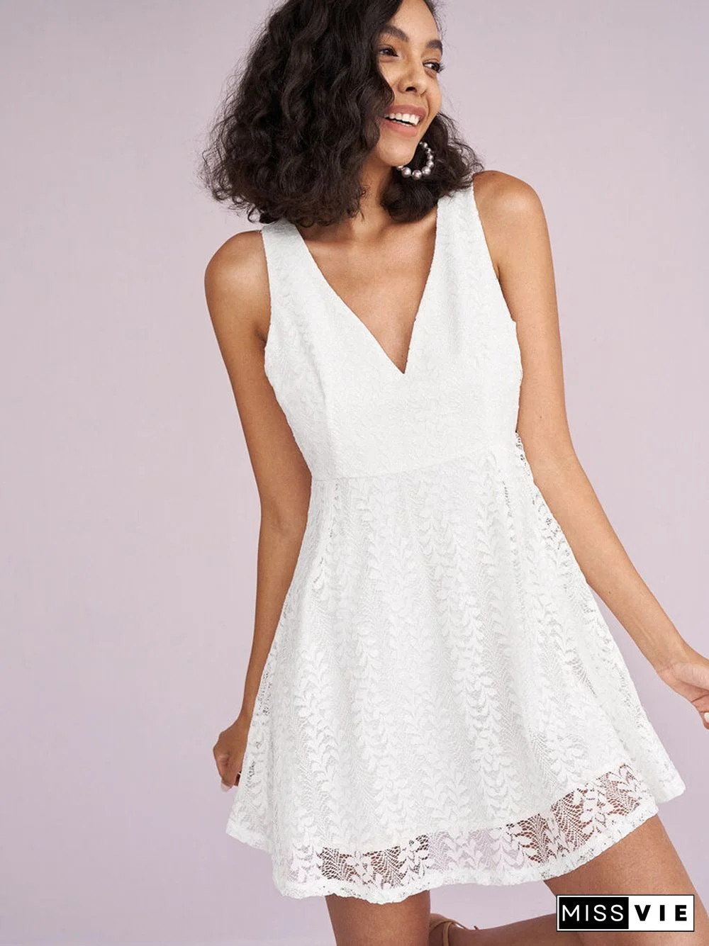 Lace Stitch Solid Sleeveless V-neck Invisible Zipper Dress