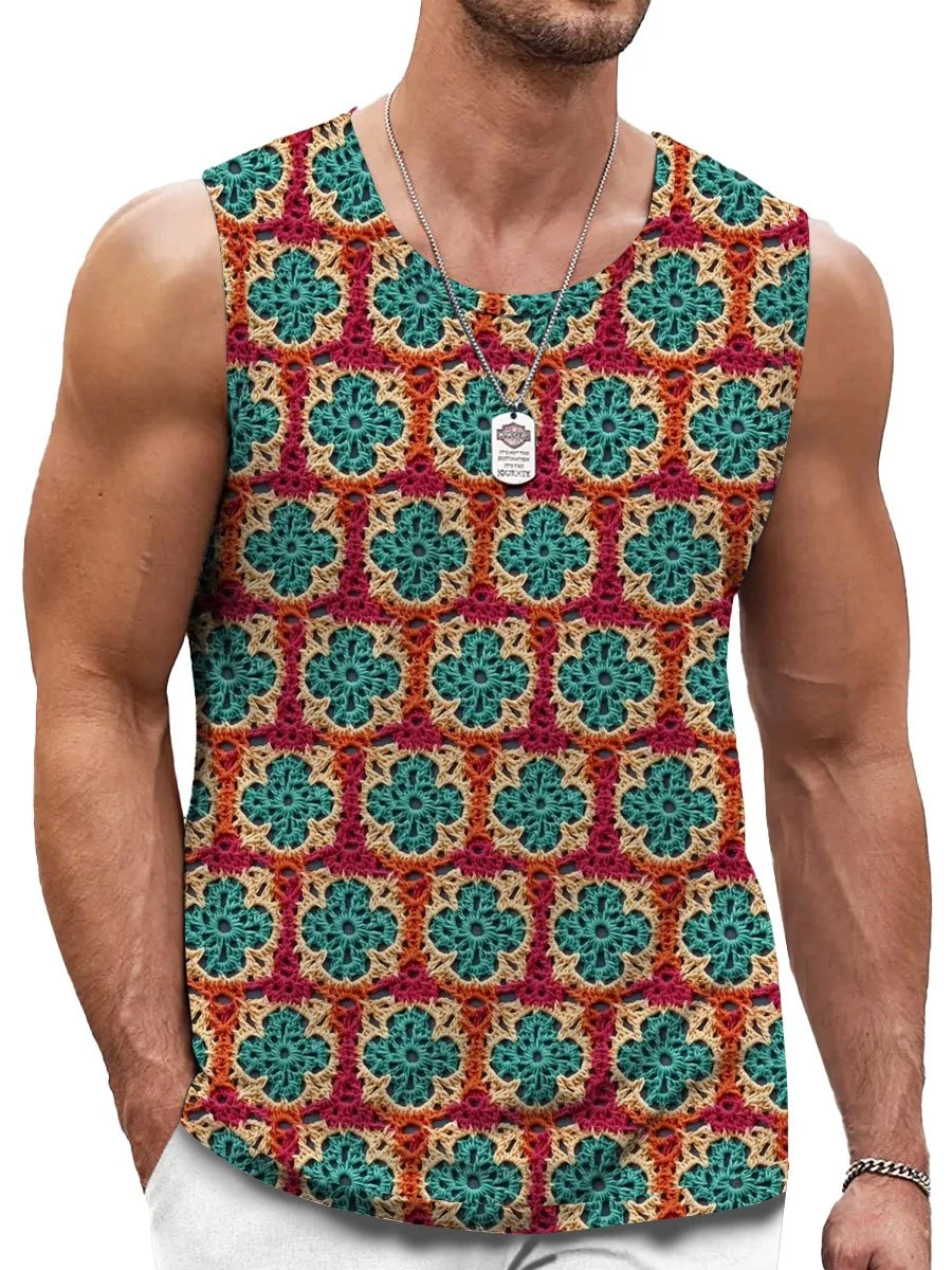 Men's Knitted Hollow Contrast Color Floral Print Casual Round Neck Tank Top