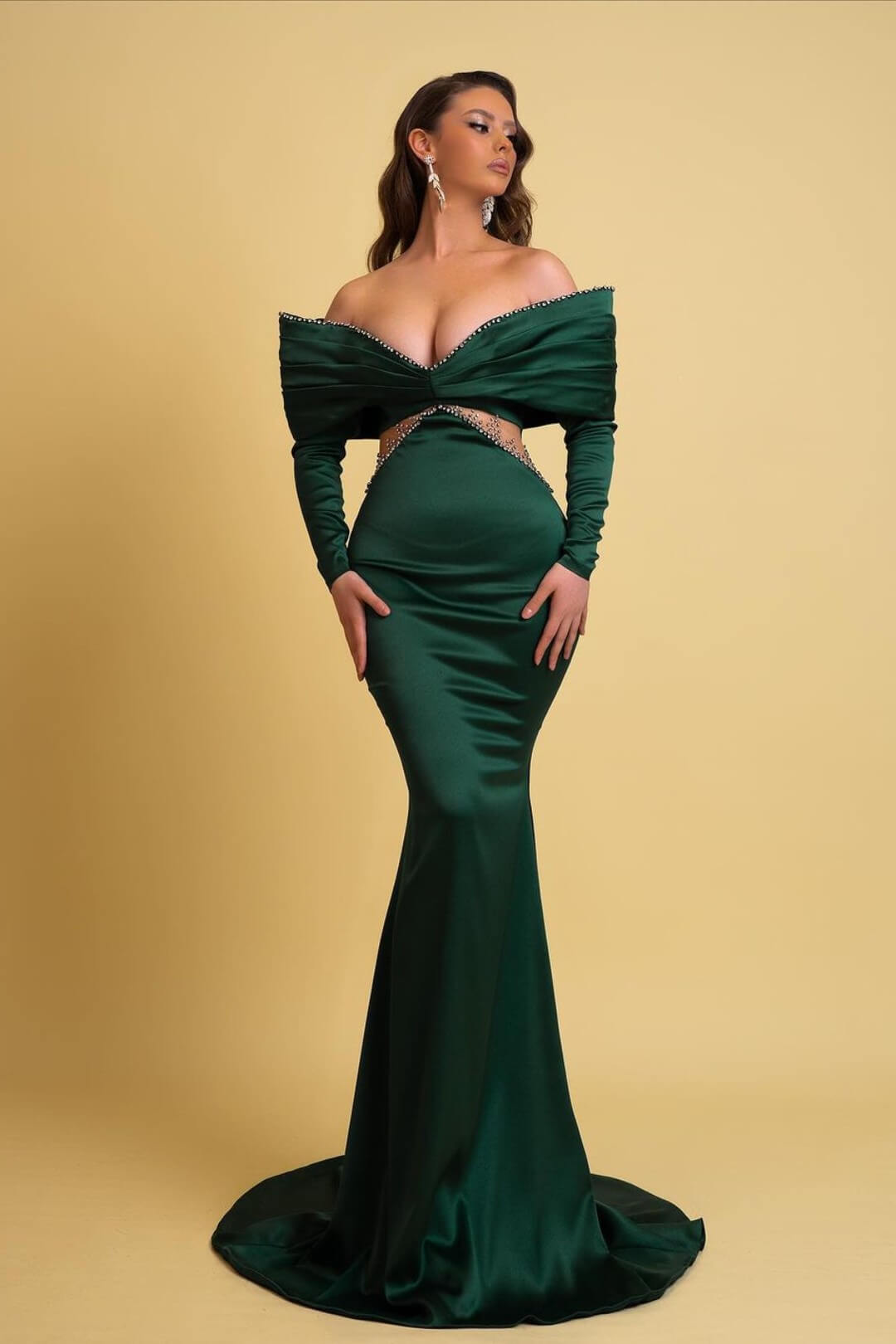 Bellasprom Dark Green Off-the-shoulder Long Sleeves Mermaid Prom Dress With Beads Bellasprom