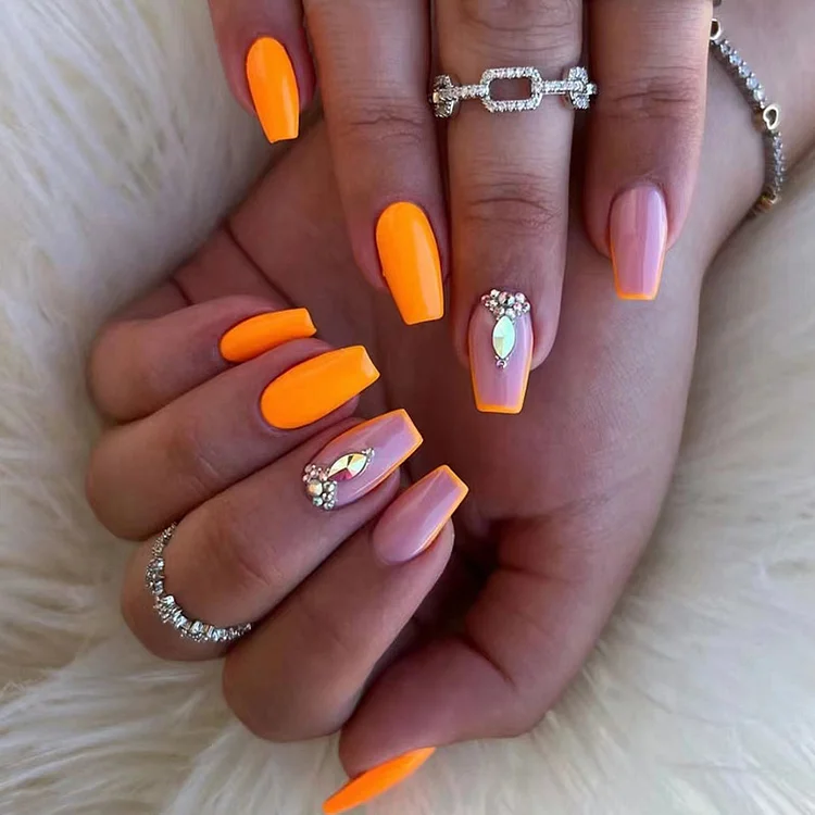Diamond Orange French Press-On Nails