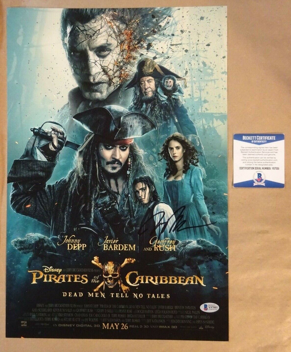 Signed BRENTON THWAITES PIRATES OF THE CARIBBEAN 12x18