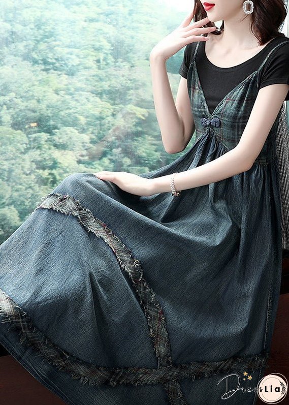 Women Blue Cinched V Neck Patchwork Spaghetti Strap Cotton Denim Dresses Spring