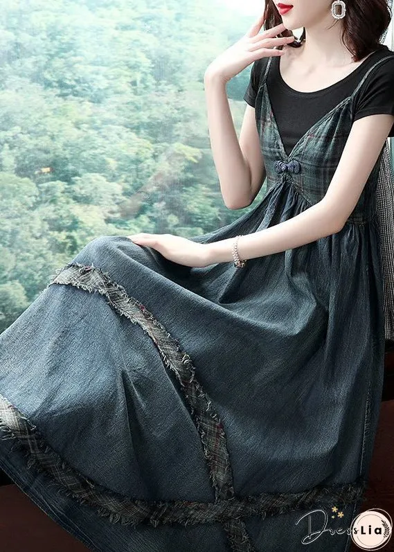 Women Blue Cinched V Neck Patchwork Spaghetti Strap Cotton Denim Dresses Spring