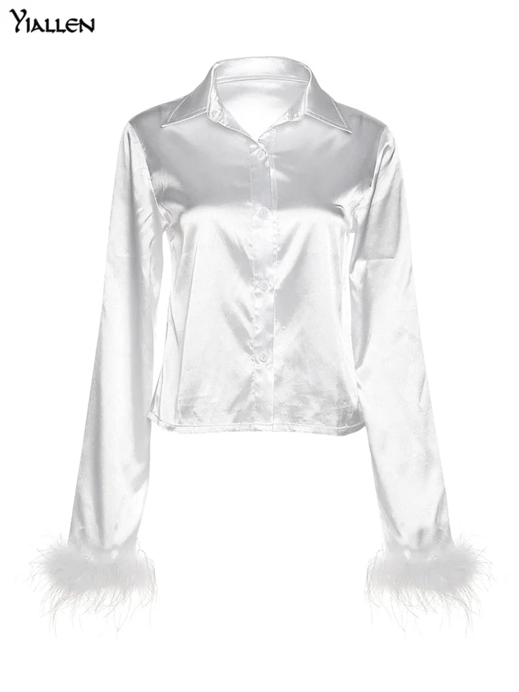Yiallen Autumn Silky Elegant Women Shirt Sexy Slim Solid Concise Tops With Feathers High Street Softy Tees Lady  Wild Clothing