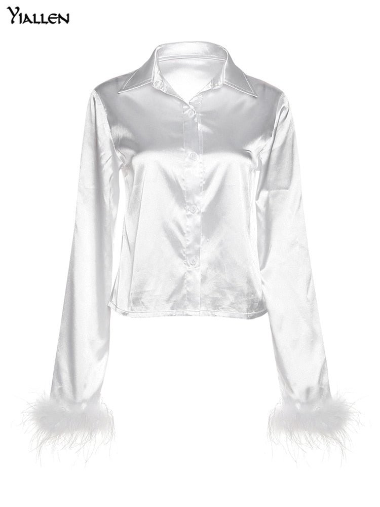 Yiallen Autumn Silky Elegant Women Shirt Sexy Slim Solid Concise Tops With Feathers High Street Softy Tees Lady  Wild Clothing
