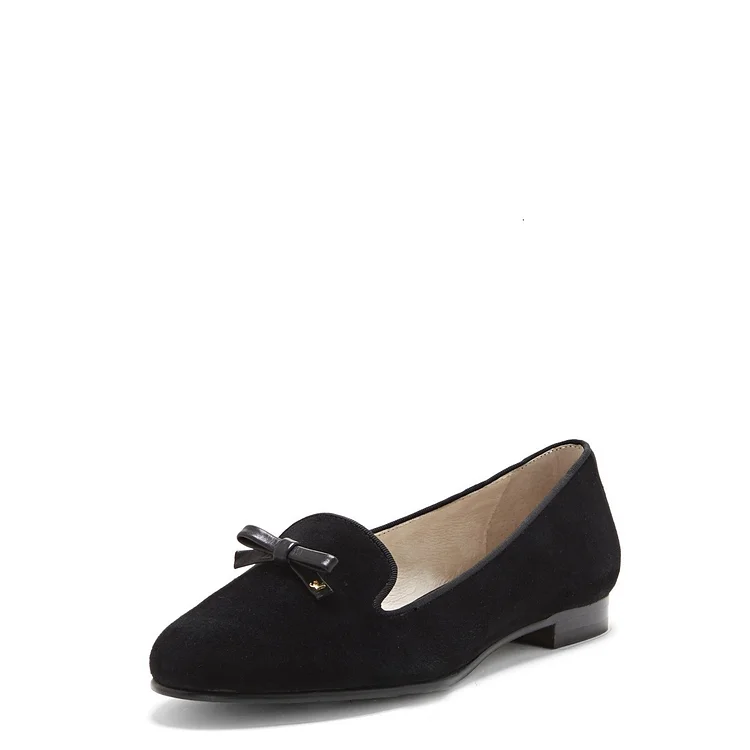 Black Vegan Suede Round Toe Loafers for Women Comfortable Flats with Bow |FSJ Shoes