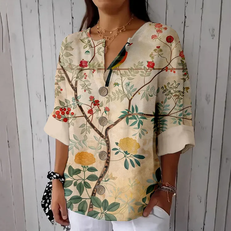 Simpfit Vintage Vögel und Blumen Persische Kunst Gemütliches Leinenhemd