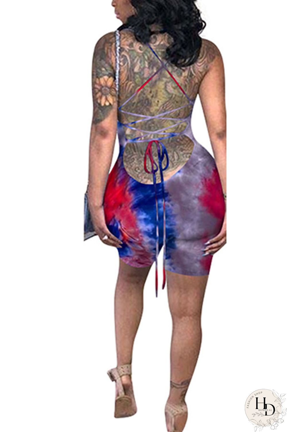Green Fashion Sexy Coloured drawing Backless Polyester Sleeveless Slip Jumpsuits