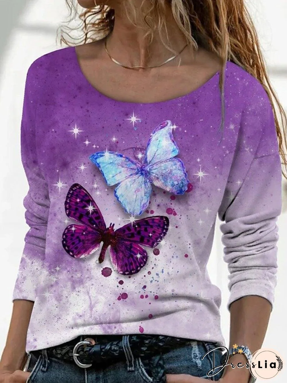 Purple Butterfly Printed Shift Casual Long Sleeve Round Neck Tops