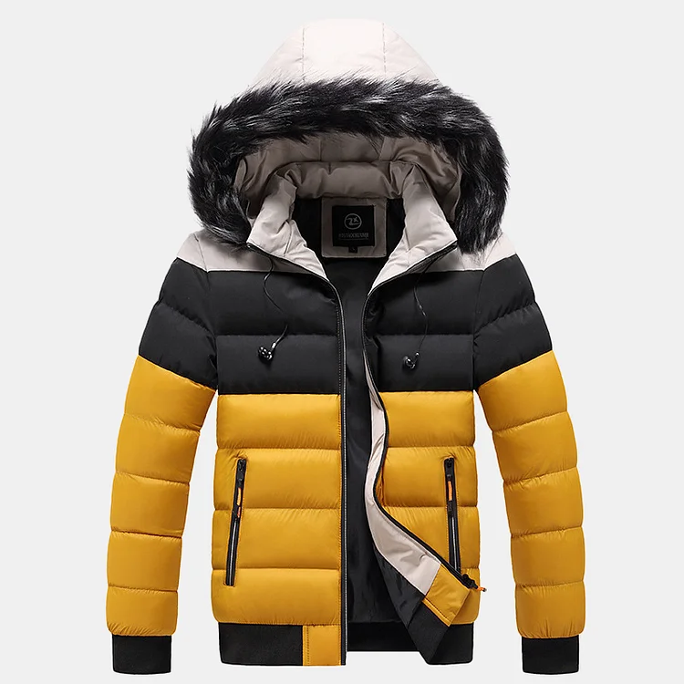 Casual Color Block Zipper Pocket Long Sleeve Hooded Quilted Coat