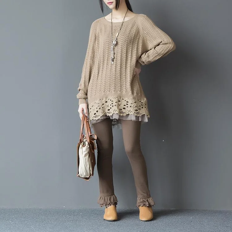 2017 spring cotton oversize sweaters casual loose sweater lace trim