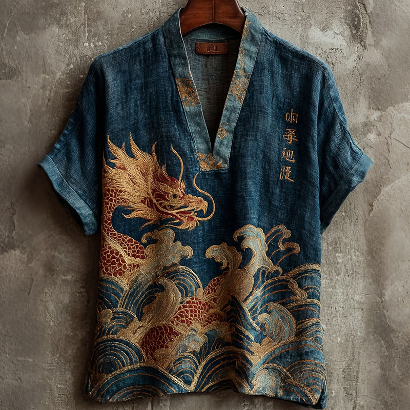 Women's Japanese Dragon And Waves Art Pattern V-neck Linen Blend T-shirt elevenforest