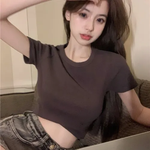 Brownm Brownm Fire Short Top Women 2024 Summer Sexy Hot Girl Wind Exposed Back Bottom Shirt Solid Color Versatile Short-Sleeved T-Shirt Women