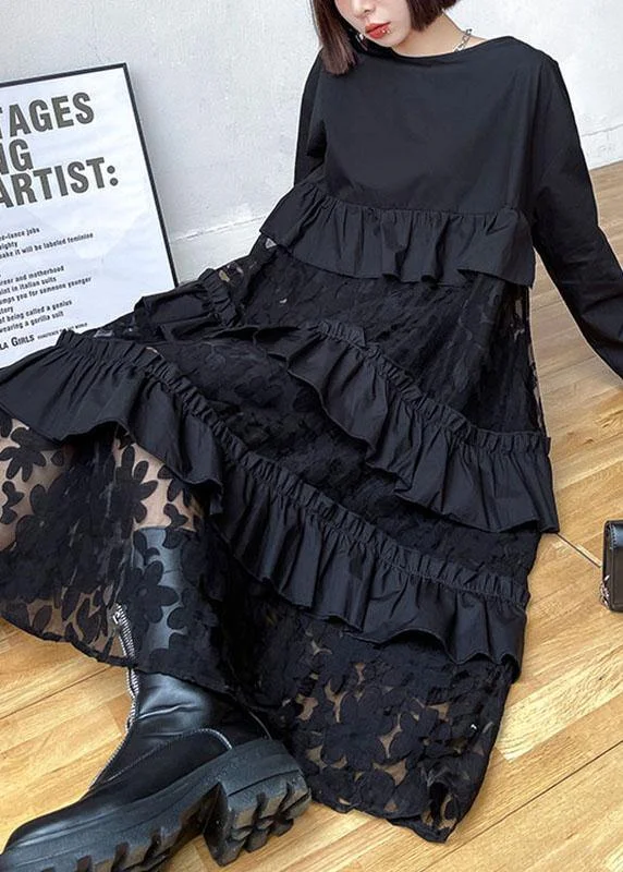 Bohemian Black Ruffles Pockets Fall Lace Dresses