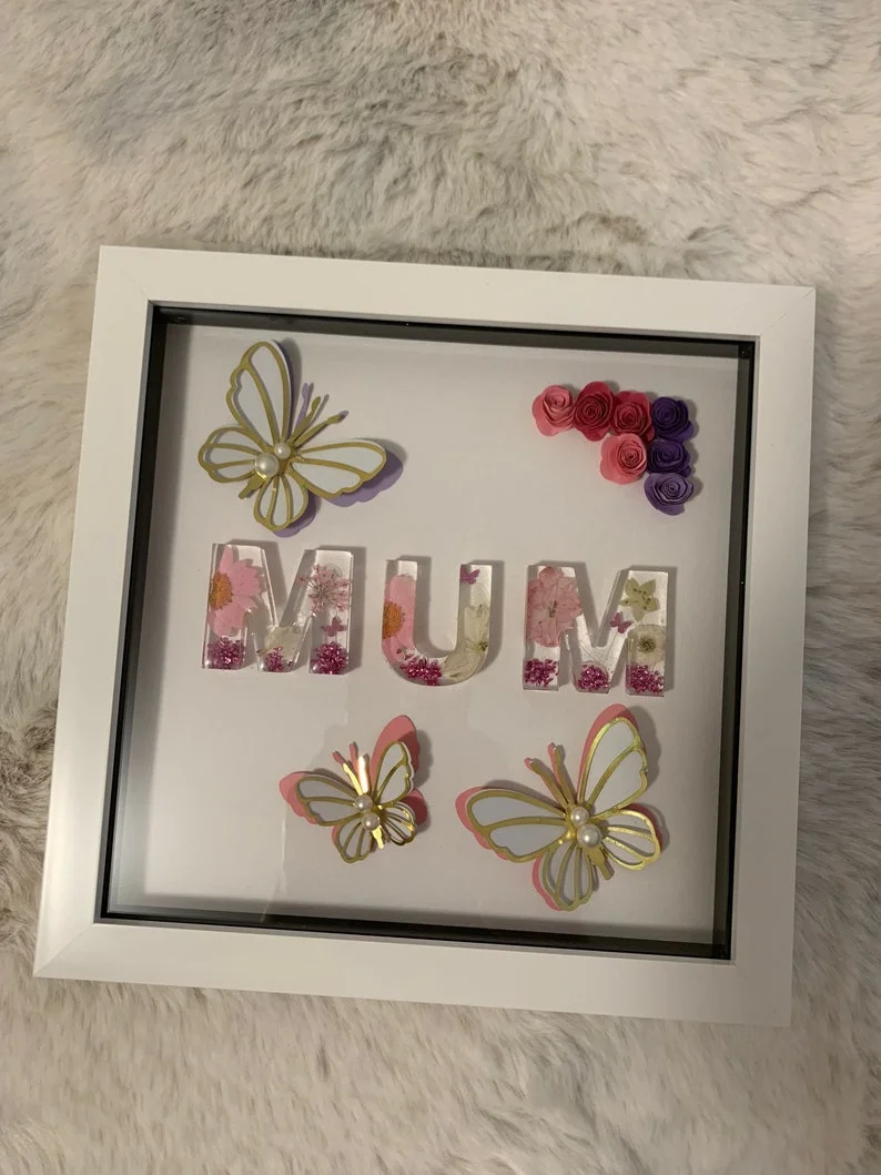 Handmade Resin Real Dried Pressed Flowers and Paper Flower Art Box | Mother's Day Gift | Resin Alphabet Keepsake Box | Shadow Box