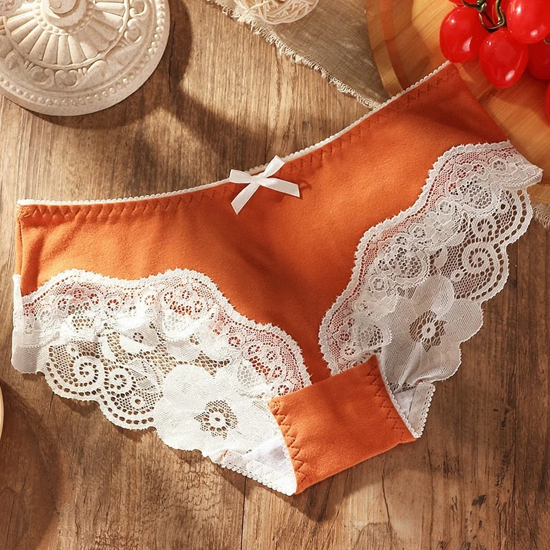 Women's Cotton Underwear Plus Size Women's Bow Panties Sexy Lace Underpants Mid Waist Hollow Out Briefs Female Sexy Lingerie