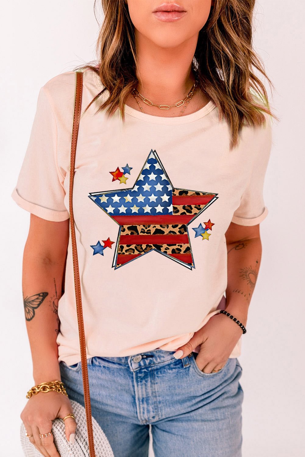 American Flag Leopard Star Print Short Sleeve T Shirt