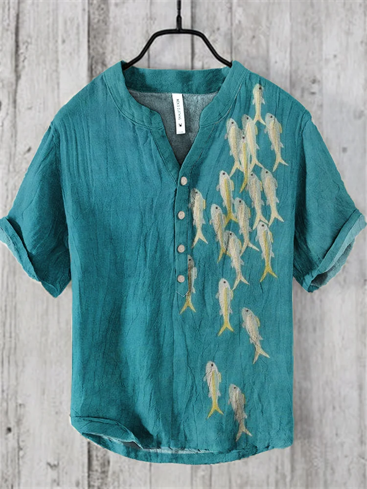 Comstylish Japanese Vintage Fish Art Linen Blend Shirt