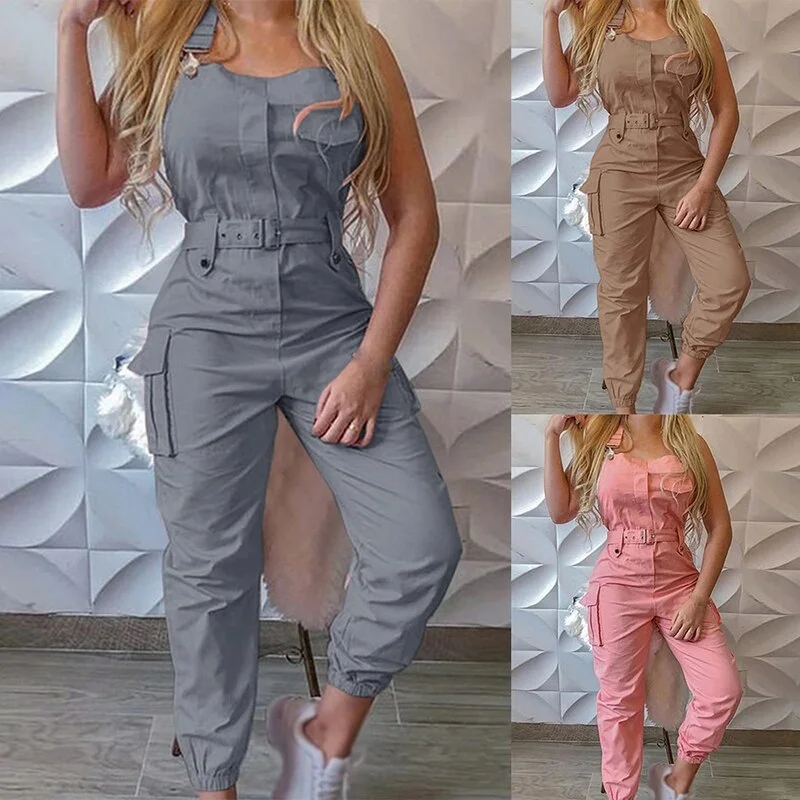 Women's Strap Jumpsuit Loose Dungarees Long Rompers Workwear Pocket Design Summer Solid Cargo Pants Female Casual Playsuits 2021