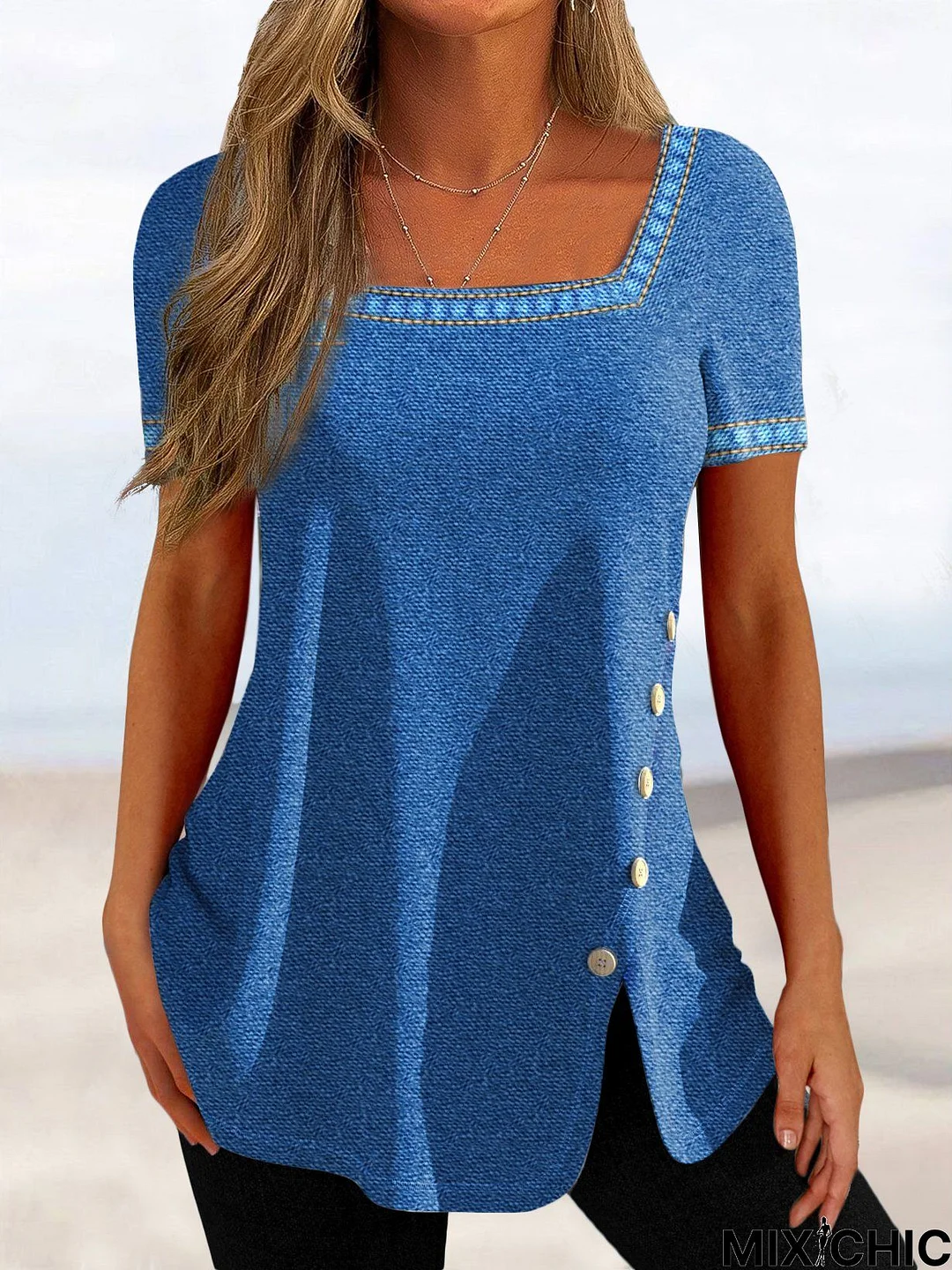 Square Neck Plain Short Sleeve Top