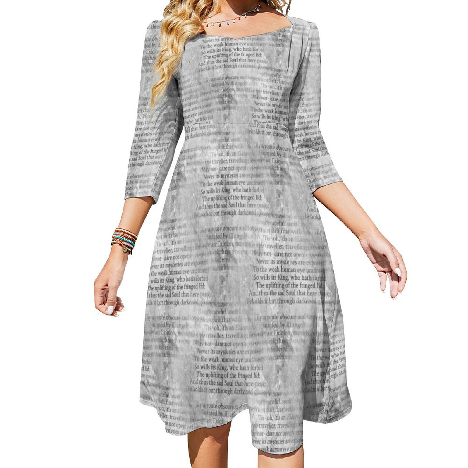 Edgar Allan Poe Dreamland Poem Black Grey Dress Sweetheart Tie Back Flared 3/4 Sleeve Midi Dresses