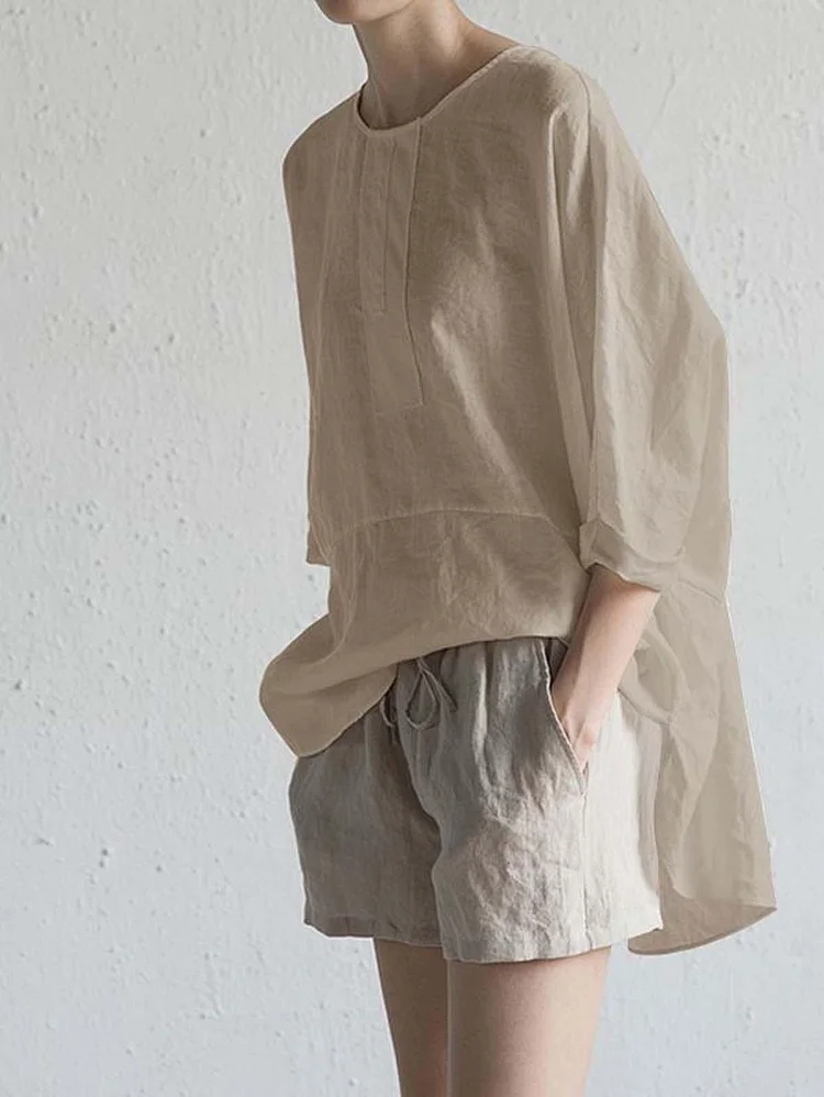 Solid Top-Stitching Linen Slouchy Blouse