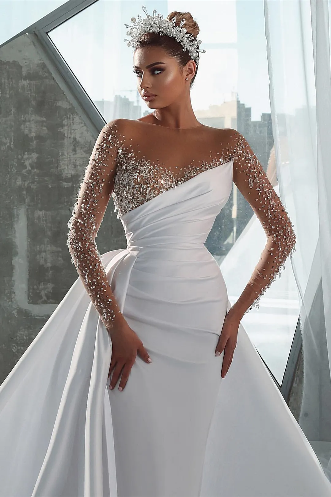 chinese dress ladies Romantic Strapless 3D Floral Lace Mermaid Wedding Dress with Overskirt –  SHARONSAID main image 0