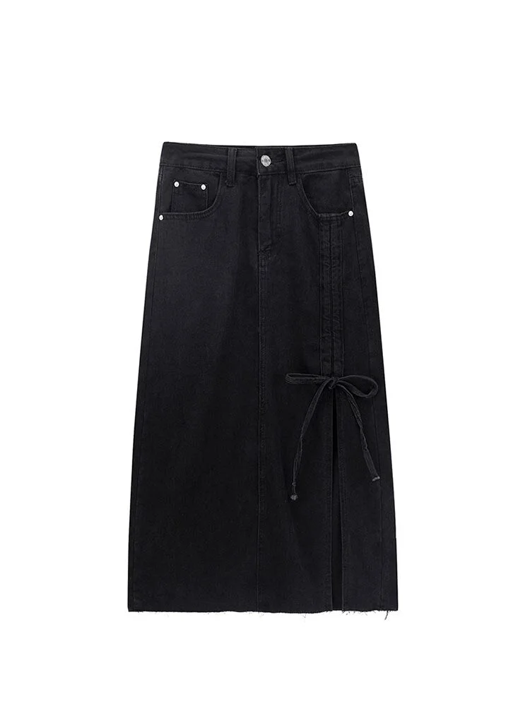 Women&#39;s Long Denim Skirt Vintage Fashion High Waist Skirt Gothic Y2K Streetwear Korean Female Split Bandage A-line Jeans Skirt