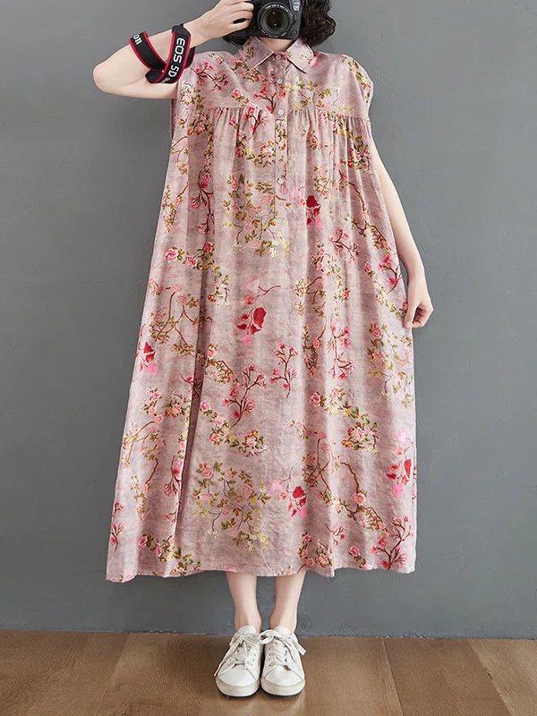 Casual Floral Printed Lapel Midi Dress