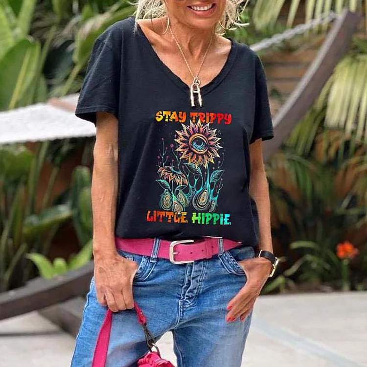 Stay Trippy Little Hippie Print V-Neck T-Shirt socialshop