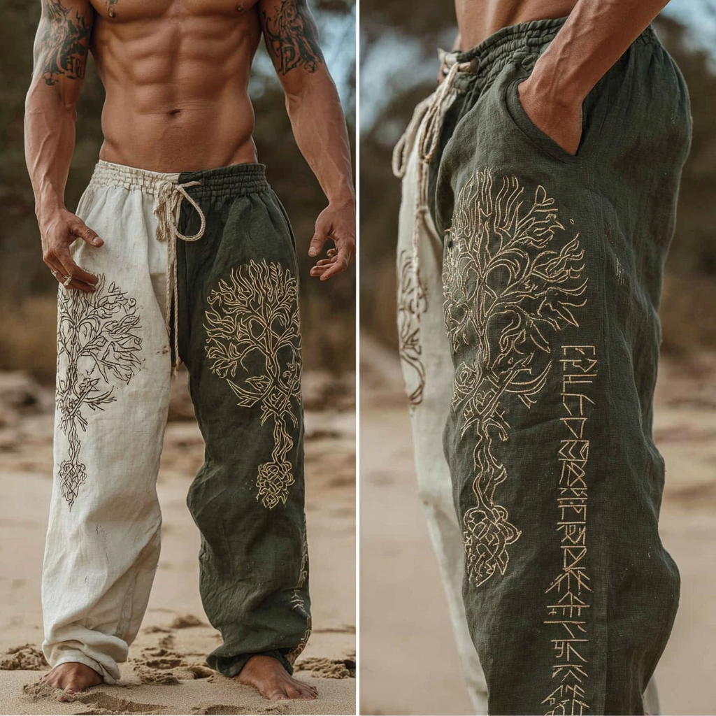 Men's Vintage Two-Tone Viking Tree Of Life Inspired Summer Casual Pants / Rvogue / Rvogue