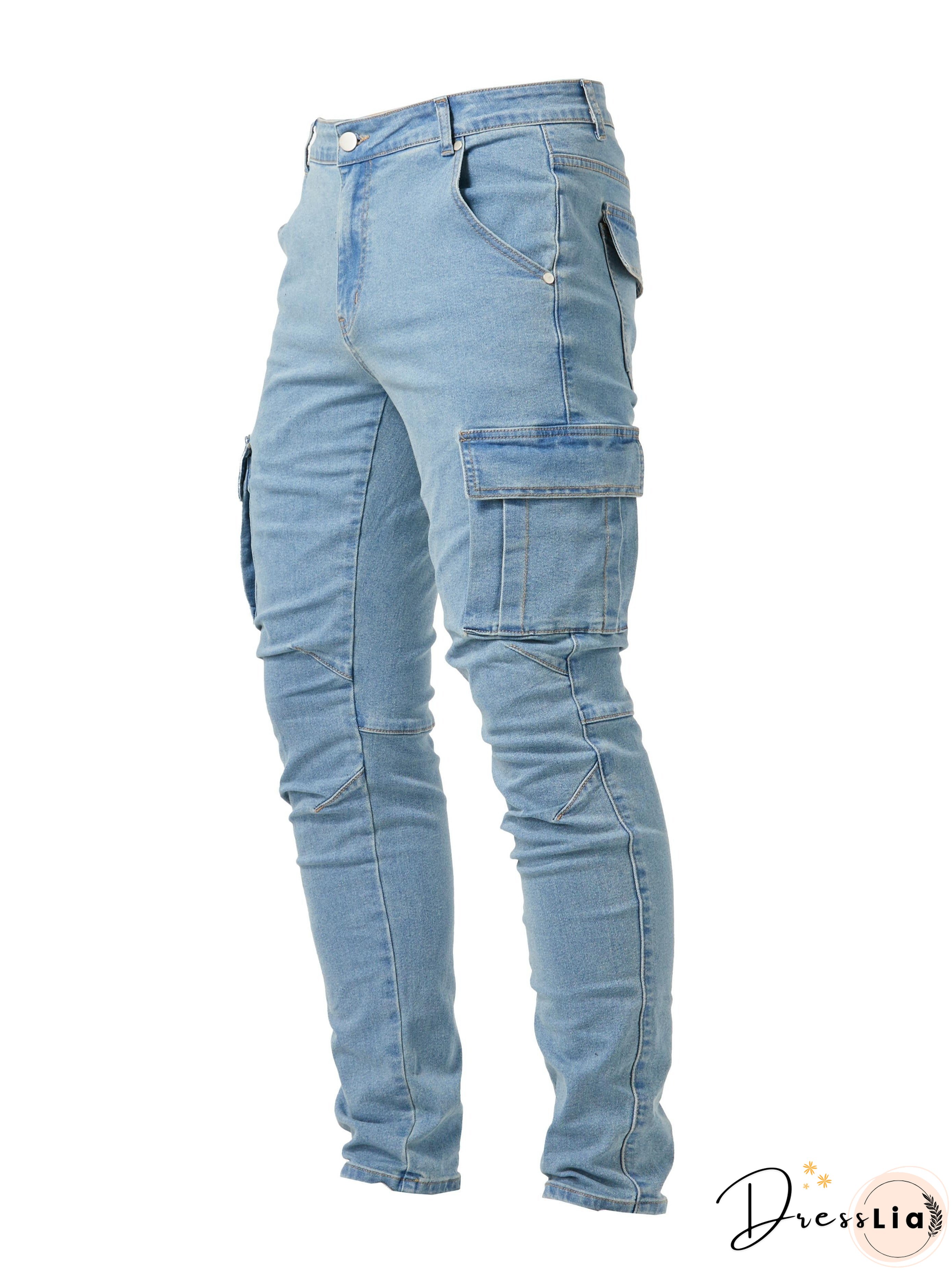 Slim Fit Multi Pocket Jeans, Men's Casual Street Style High Stretch Denim Cargo Pants